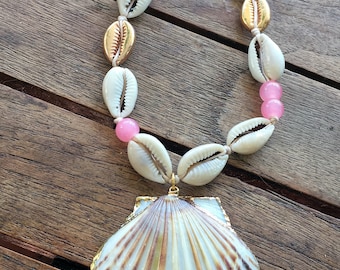 Beautiful agate long necklace embellished with pink agate beads, together with real cowrie shell