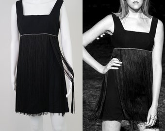 Vintage dos anos 1960 faz 1920 Mod strass e franja vestido preto - 2