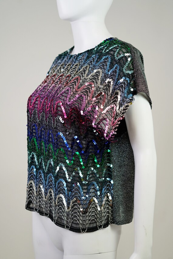 Vintage 1970s Rainbow Sequin Iridescent Mesh Blou… - image 5