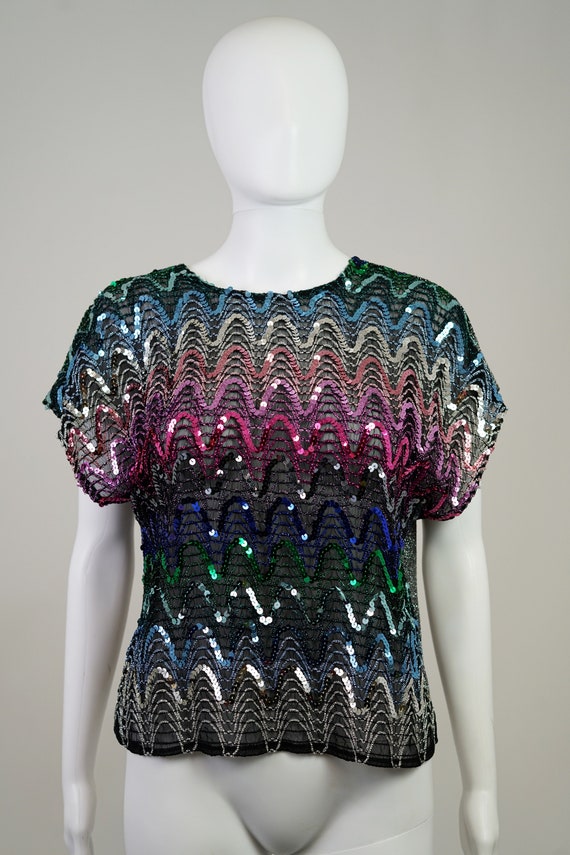 Vintage 1970s Rainbow Sequin Iridescent Mesh Blou… - image 2