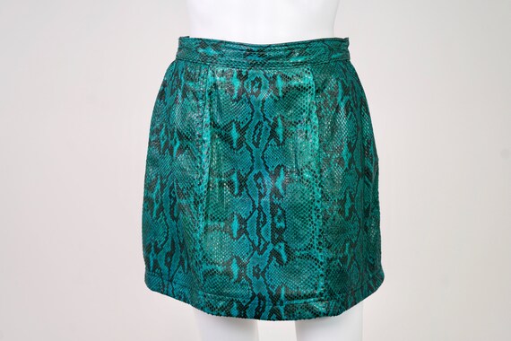 Vintage 1990s Teal Snakeskin Leather Mini Skirt -… - image 5