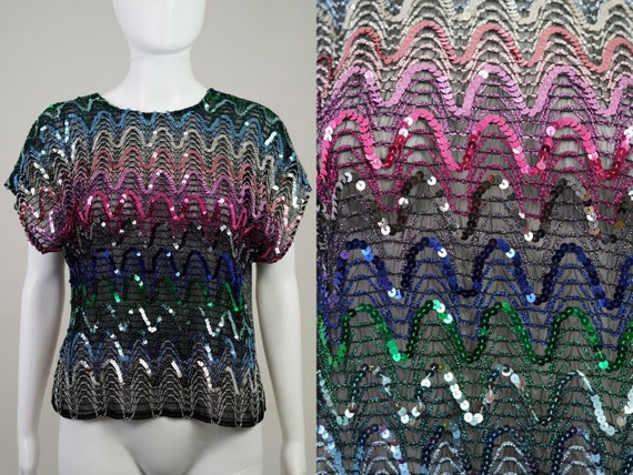 Vintage 1970s Rainbow Sequin Iridescent Mesh Blou… - image 1