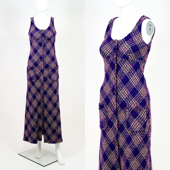 Vintage 1970’s Purple Diamond Knit Button Down Dr… - image 1