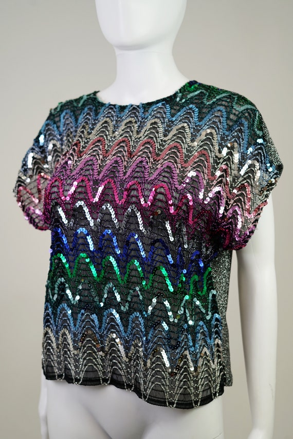 Vintage 1970s Rainbow Sequin Iridescent Mesh Blou… - image 3