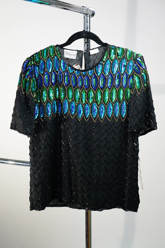 1980's Art Deco Silk & Sequin Blouse NWT - M - image 4