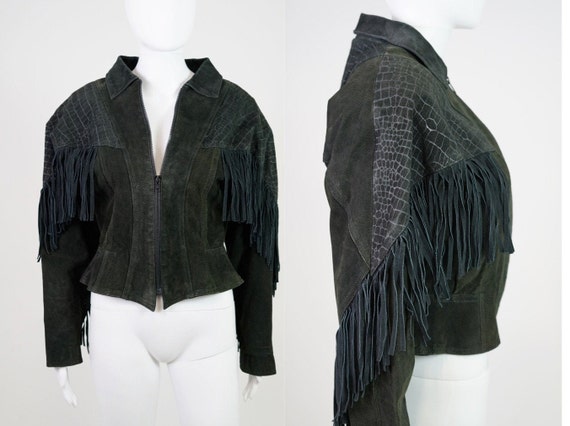 Vintage 1980s Stamped Suede Fringe Basque Jacket -