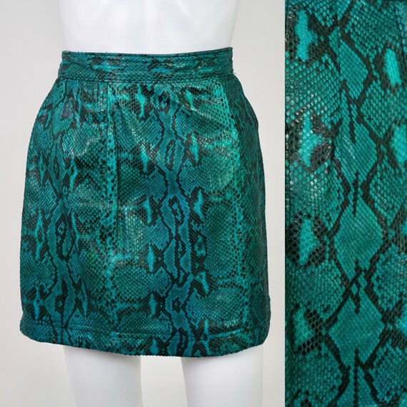 Vintage 1990s Teal Snakeskin Leather Mini Skirt -… - image 1