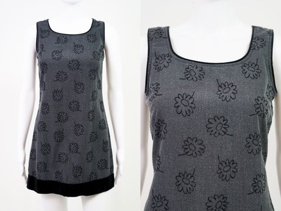 1990s Velvet Flower Grey Mini Dress | Size 2