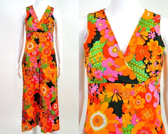 1960s Psychedelic Flower Power Neon Jumpsuit | siz