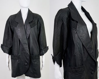 Vintage 1980s Black Textured Suede & Leather Blazer - XL