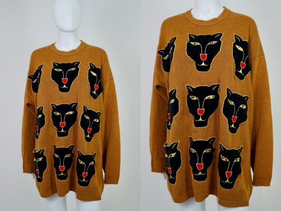 Vintage 1980s Black Panther Oversized Knit Sweater