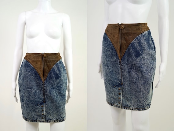 Vintage 1980s Leather & Denim Acid Wash Midi Skirt