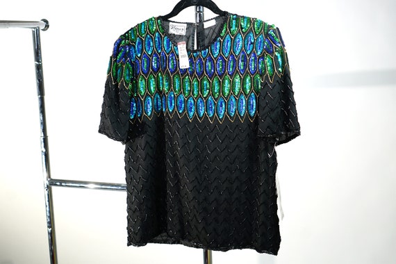 1980's Art Deco Silk & Sequin Blouse NWT - M - image 3