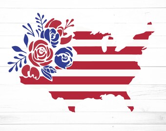 Puede incluir: Un contorno de los Estados Unidos en rojo, blanco y azul con un diseño floral en la esquina superior izquierda. Las flores son rojas, azules y verdes.
