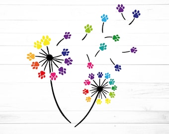 Dandelion Svg, Paw Print Svg, Dandelion Paws Svg, Dandelion Rainbow Svg, Flower Svg, Dandelion Cut Files, Cricut, Silhouette, Svg, png