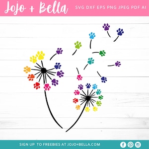Pissenlit Svg, Paw Print Svg, Pissenlit Pattes Svg, Dandelion Rainbow Svg, Fleur Svg, Dandelion Cut Files, Cricut, Silhouette, Svg, png