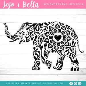 Peut inclure: Silhouette noire et blanche d'un &eacute;l&eacute;phant avec des motifs floraux complexes et un c&oelig;ur au centre du motif de mandala.
