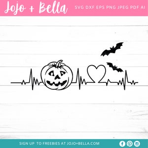 May include: Black and white line art design of a pumpkin, heart, and bats with a heartbeat line. The text "Jojo + Bella" is at the top of the image.