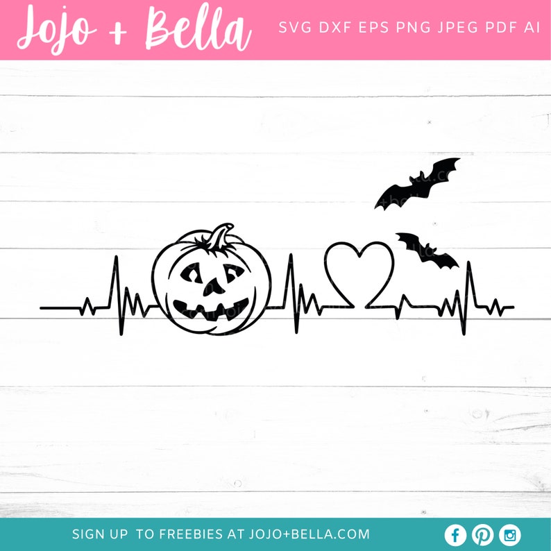 May include: Black and white line art design of a pumpkin, heart, and bats with a heartbeat line. The text "Jojo + Bella" is at the top of the image.
