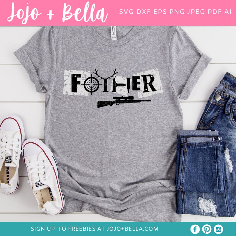 May include: A gray t-shirt with a distressed black graphic that says "FOTI-HER" with a deer antler design and a rifle underneath.