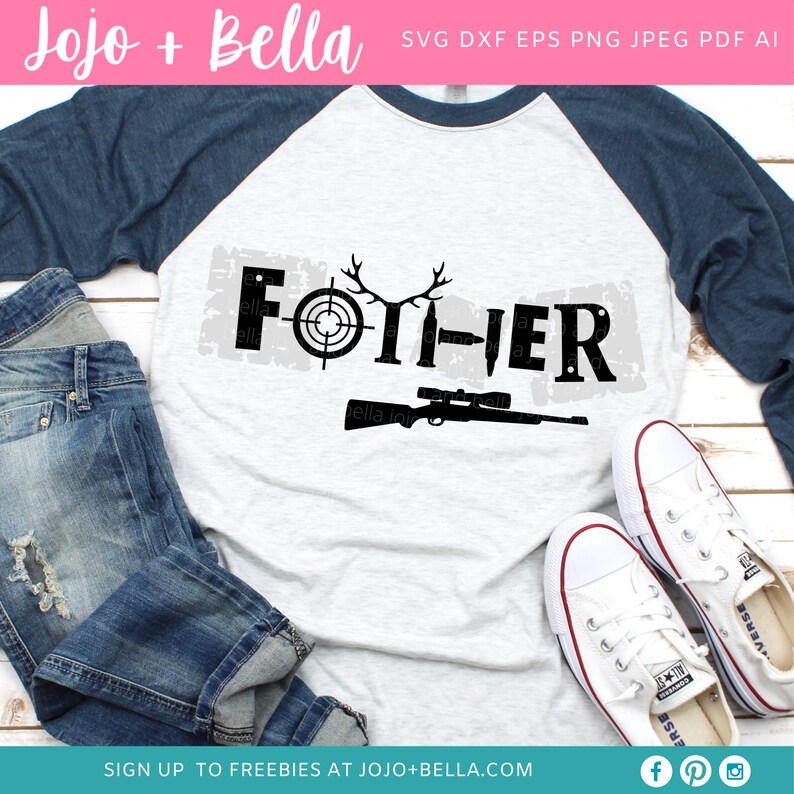 May include: A white and blue raglan t-shirt with a black graphic design that says "FOTHER" with a target, antlers, rifle, and bullets.