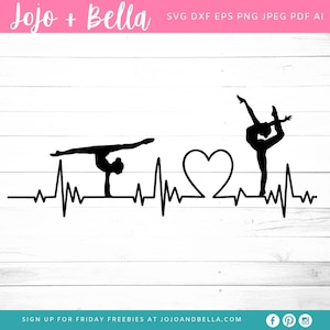 Könnte beinhalten: Schwarz-weiße Silhouette von zwei Turnerinnen in einem Herzschlag-Design. Der Text "Jojo + Bella" befindet sich oben im Bild.