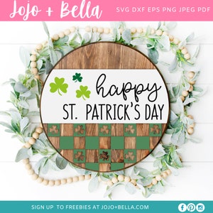 Cabide de porta Feliz Dia de São Patrício, cabide de porta de trevo, placa redonda xadrez, trevo SVG, decoração de St Paddy, laser svg, Cricut, Silhueta