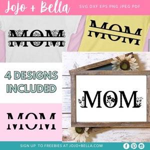 May include: Four different designs for a "MOM" sign. The designs include a split "MOM" with decorative swirls, a split "MOM" with a straight line, a "MOM" with flowers inside the letters, and a "MOM" with a decorative border.