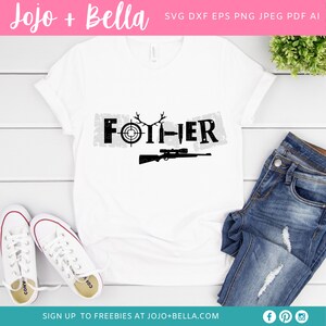 May include: White t-shirt with a black graphic design that says "FOTHER" with a target, antlers, rifle, and bullets. The design has a distressed look.