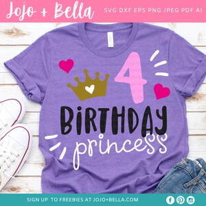 May include: Purple t-shirt with a pink number four, a gold crown with a white heart, and the text "BIRTHDAY princess".