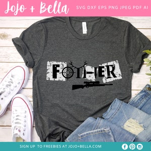 May include: A gray t-shirt with a distressed graphic design that says "FOTHER" with a rifle, target, and antlers. The text is in black and the graphic is on a white background.