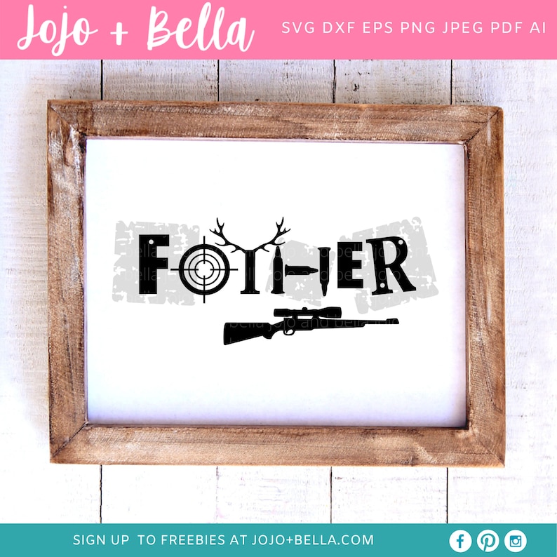 May include: A black and white graphic design with the text "FOTHER" in a distressed font. The graphic includes a deer antler, a target, a rifle, and bullets.