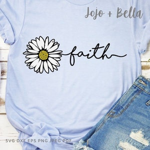 May include: A light blue t-shirt with a white daisy and the word "faith" in black cursive script. The text "Jojo + Bella" is in the top right corner of the image.