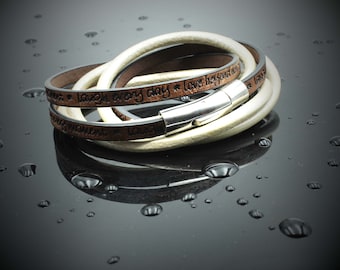 Wrap Around Double Layer  Coffee  Cream Leather  Inspirational Bracelet