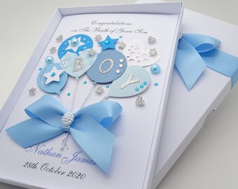 HANDMADE Luxury Personalised NEW BABY Expecting Card Boy Gift Box Blue 3D Balloons Welcome