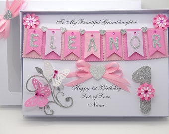 Handmade PERSONALISED 1st Birthday Card First 2nd, 3rd 10th 12th 15th Any Age Girl Daughter Sister Granddaughter Gift Box 3D Pink Bunting