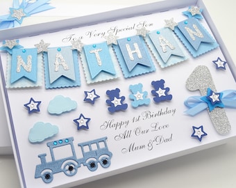 Handmade PERSONALISED 1st Birthday Card First 2nd 3rd 4th Any Age Boy Son Brother Grandson Train Gift Box 3D Blue Bunting