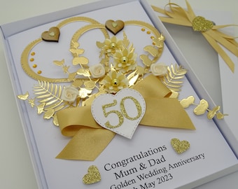 Luxury HANDMADE Personalised 50th GOLDEN Wedding Anniversary Card BIRTHDAY Gift Box 3D Mum Dad Money Envelope Cash Wallet Keepsake