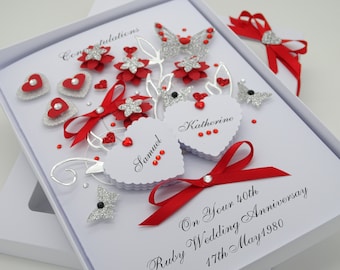 Luxury WEDDING Day Personalised Handmade Card RUBY ANNIVERSARY Engagement Money Envelope Cash Wallet Presentation Box 3D Folded Red