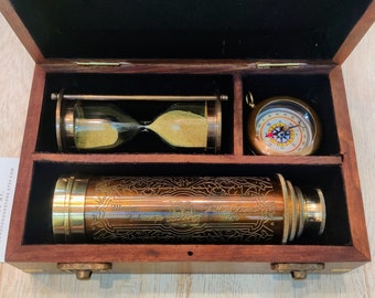 Nautical Gift Set, Personalized Gift, Custom Engraved Gift, Telescope, Brass Compass, Brass Hourglass, Sand timer