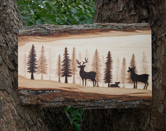 Wood Deer Wall Art, Forest Wall Art, Wood Burning Art, Wood Tree Decor