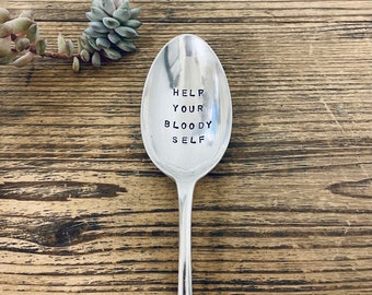 Helfen Sie Ihrem Blutigen Selbst Handgestempelt Obszönität Vintage Servierlöffel