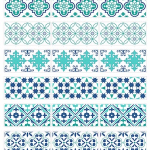 May include: A selection of decorative tiles showcasing diverse geometric patterns in teal, turquoise, and navy blue against a white backdrop. The designs incorporate floral, star, and diamond motifs, ideal for home decoration.