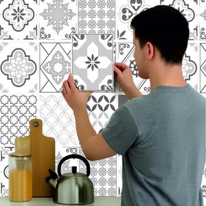 Tile Stickers, Pack of 24 Mosaic Grey Shades Transfers For 150mm x 200mm or 6 x 8 Inch Kitchen or Bathroom Tiles, Waterproof Bleachproof G03