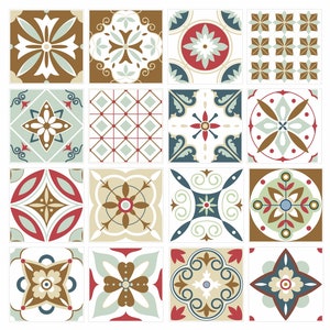 May include: A set of 16 decorative tiles featuring a variety of geometric and floral patterns in shades of brown, blue, red, and white.