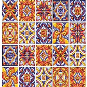 Mosaic Tile Stickers, Pack Of 24 Colourful Patterns, Waterproof Transfers, Use On 150mm x 200mm or 6 x 8 Inch Kitchen or Bathroom Tiles C51