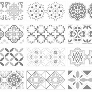 May include: A set of 12 black and white tile patterns with geometric designs. The tiles feature various shapes, including circles, squares, and stars.