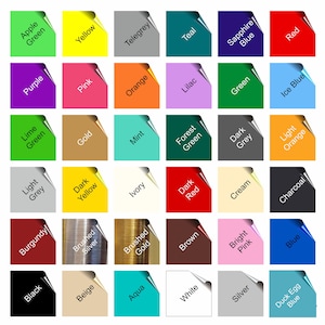 May include: A chart of 36 colour swatches with names for each colour. The colours include teal, red, purple, pink, orange, lilac, green, ice blue, lime green, gold, mint, forest green, dark grey, light orange, light grey, dark yellow, ivory, dark red, cream, charcoal, burgundy, brushed silver, brushed gold, brown, bright pink, blue, black, beige, aqua, white, silver, and duck egg blue.