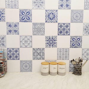 Mosaic Tile Stickers, Pack Of 24 Blue Patterns, Waterproof Transfers For 150mm x 150mm / 15cm x 15cm / 6 Inch Kitchen or Bathroom Tiles GT37