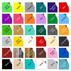 May include: A chart of 36 colour swatches with names for each colour. The colours include teal, red, purple, pink, orange, lilac, green, ice blue, lime green, gold, mint, forest green, dark grey, light orange, light grey, dark yellow, ivory, dark red, cream, charcoal, burgundy, brushed silver, brushed gold, brown, bright pink, blue, black, beige, aqua, white, silver, and duck egg blue.